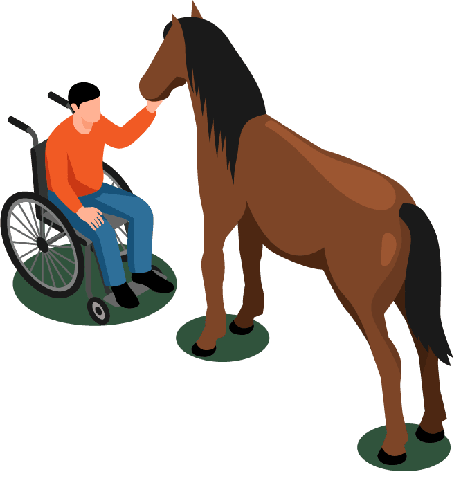 graphic drawing of man in wheelchair reaching up to a horse